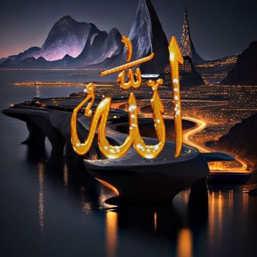 Illuminated Arabic calligraphy over a serene nightscape with mountains and water