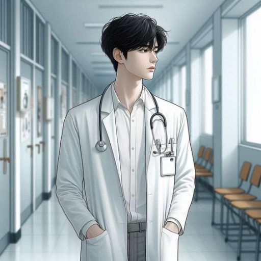 Illustration of a doctor in a white coat with a stethoscope in a hospital corridor