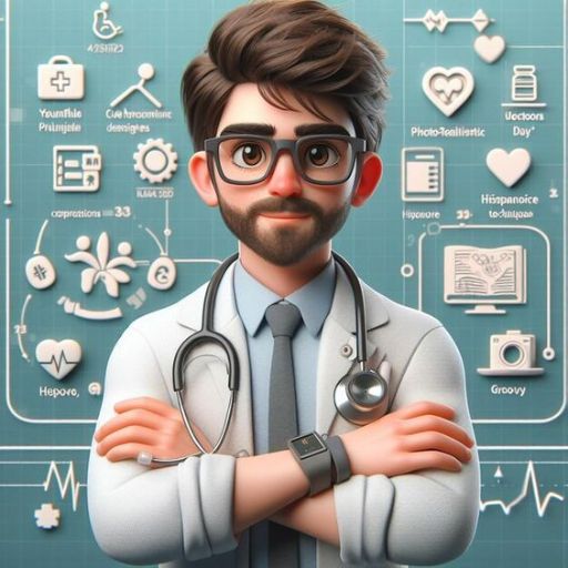 Illustration of a doctor with crossed arms and a stethoscope, against a backdrop of medical icons