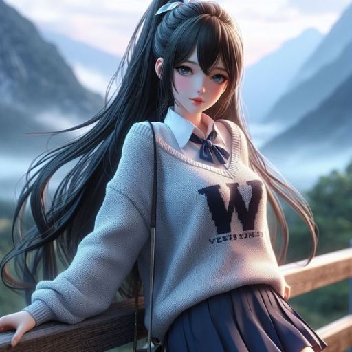 Illustration of a girl in a sweater and skirt with flowing hair overlooking mountains at dusk