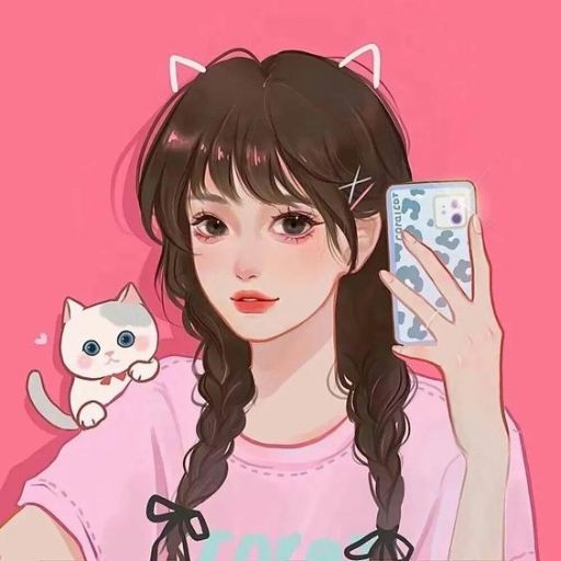 Illustration of a person with cat ears headband holding a phone, with a white cat climbing their arm