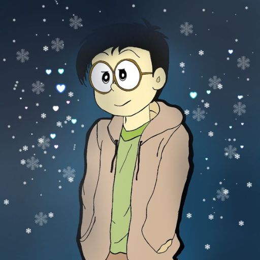 Illustration of a person with glasses and jacket against a starry backdrop with snowflakes