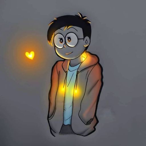 Illustration of a person with glowing heart shapes on a gray background