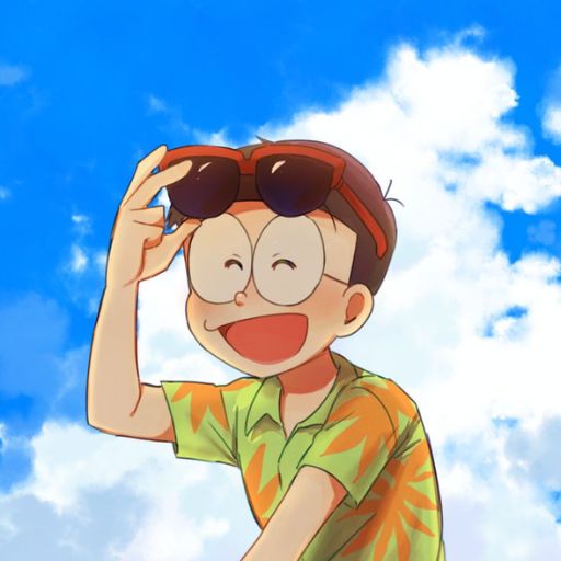 Illustration of a smiling boy with sunglasses and a Hawaiian shirt against a blue sky with clouds