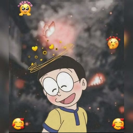 Illustration of a smiling cartoon boy with angel halo and hearts, against a starry background with emoticon stickers