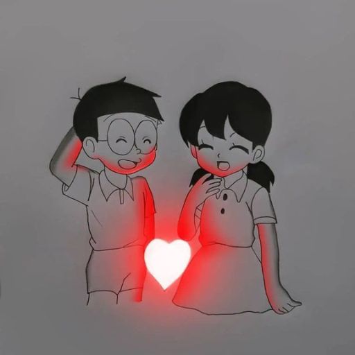 Monochrome drawing of two children smiling with a glowing red heart between them