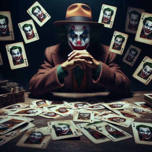 Person in a clown makeup with playing cards featuring similar faces floating around them