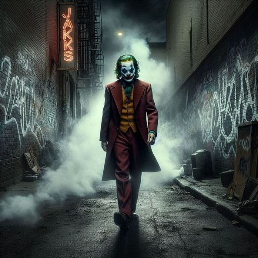 Person in a colorful suit walking down a graffiti-lined alley with fog on the ground