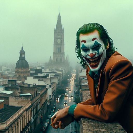 Person in a green wig and orange suit overlooking a misty cityscape with historic buildings