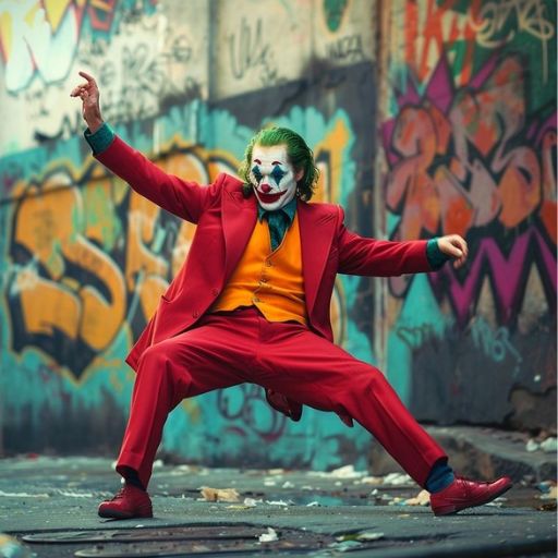 Person in a red suit dancing in front of colorful graffiti walls