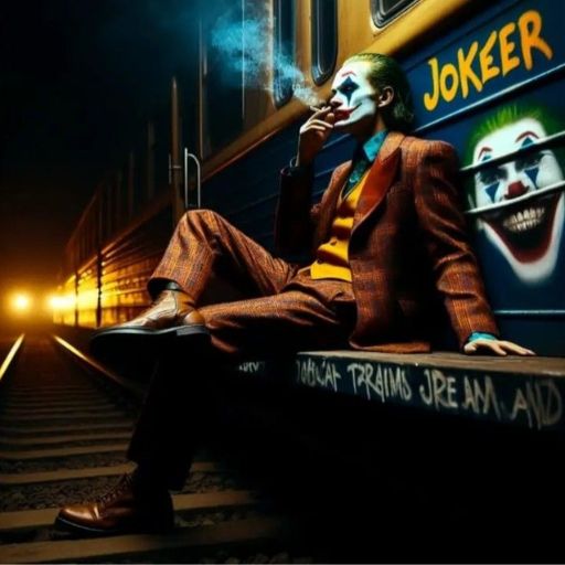 Person in a suit sitting on a bench with _Joker_ graffiti, smoking, beside a train at night