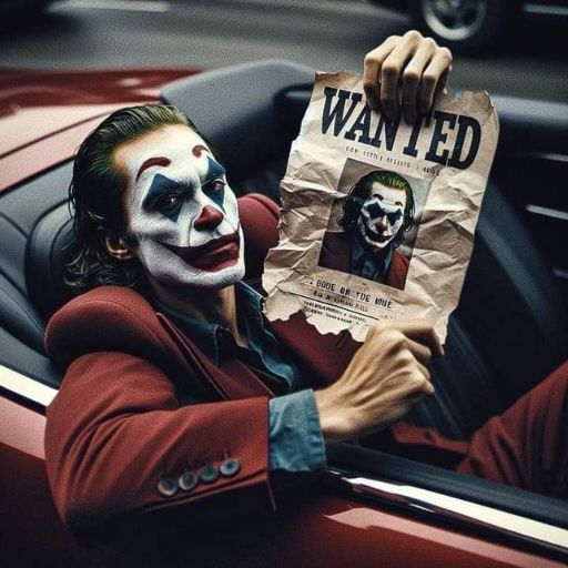 Person in red jacket holding a 'Wanted' poster in a convertible car