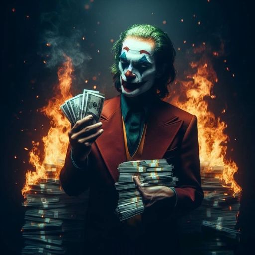 Person in suit holding cash with stacks of money burning around them