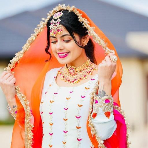 Person in traditional South Asian attire with intricate gold jewelry and embroidered dress