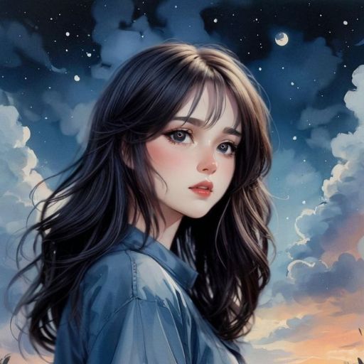 Person with long hair looking up at a starry night sky with clouds and a crescent moon