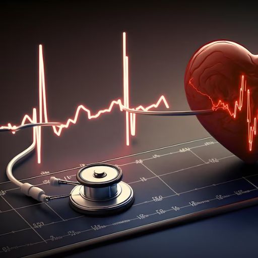 Stethoscope connected to a glowing heart with ECG line background