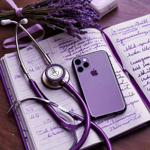 Stethoscope on an open notebook with handwritten notes next to a purple smartphone and lavender sprigs