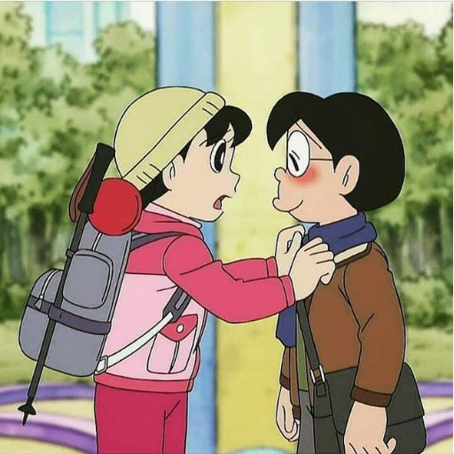 Two animated boys talking, one with a backpack, in a park setting