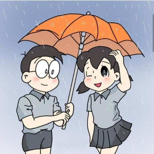 Two animated characters sharing an orange umbrella in the rain