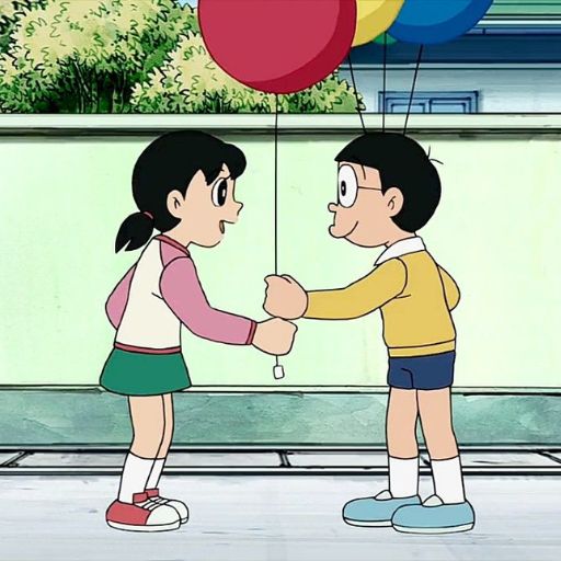 Two cartoon children holding hands, one with balloons, against a backdrop of greenery and a wall