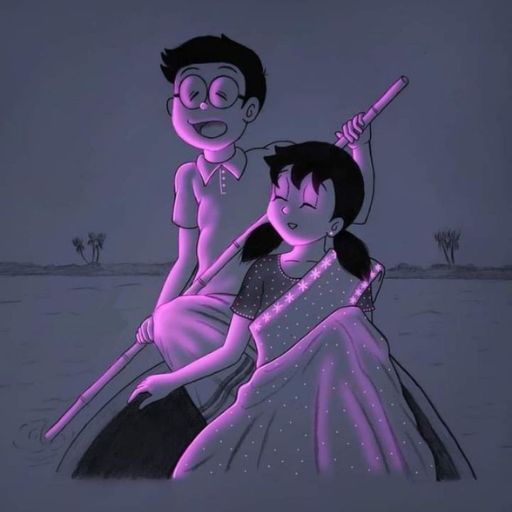 Two stylized characters sitting back-to-back in a purple tinted scene, one holding a baseball bat