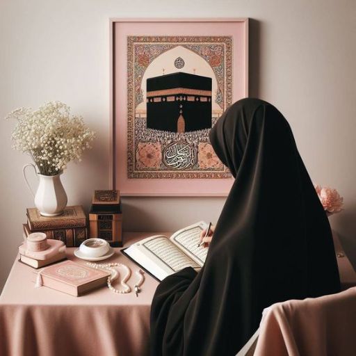 Woman in a hijab reading the Quran at a desk with Islamic art, flowers, and books in the background