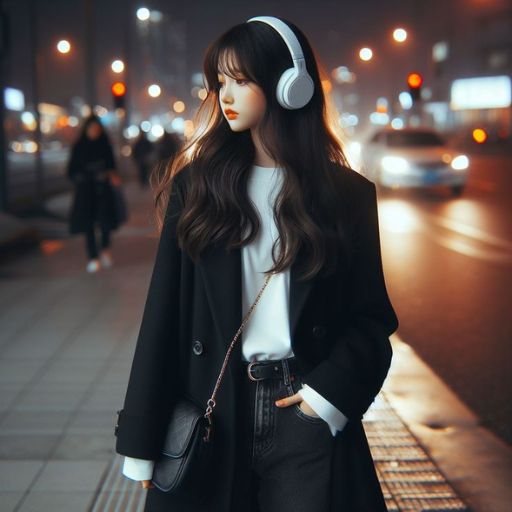 Woman with headphones on a city street at night, amidst glowing traffic lights