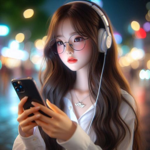 Woman with headphones using a smartphone at night with blurred city lights in the background