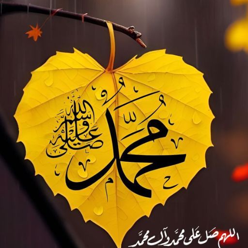 Yellow leaf with Arabic calligraphy resembling an umbrella against a blurred background, with water droplets